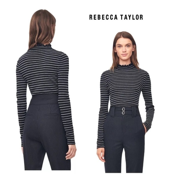 Rebecca Taylor Sweater Mock Neck Ruffle Turtleneck 100% Merino Wool Pullover L - Picture 2 of 12